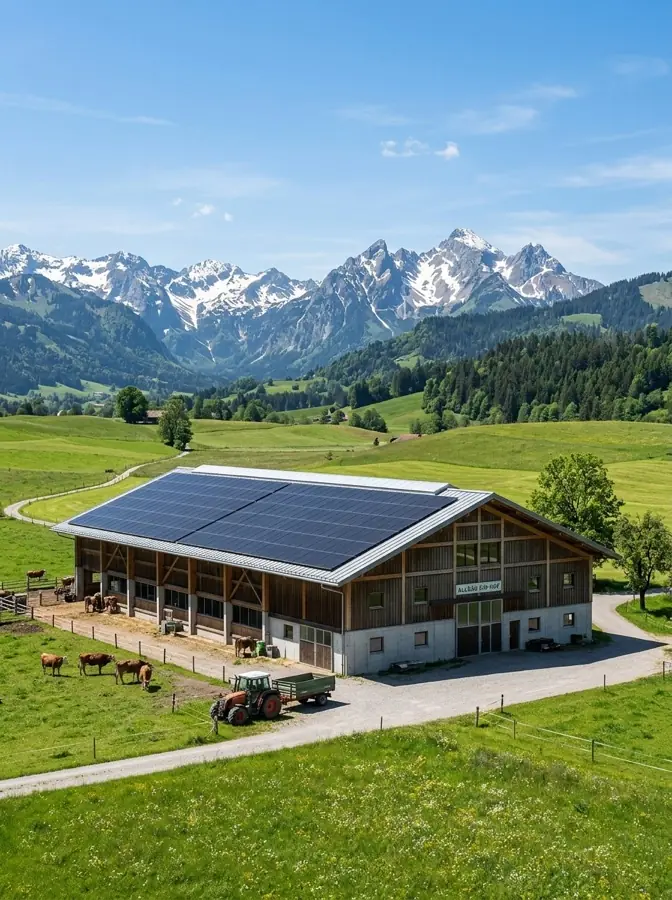 Hallendach eines Betriebs im Allgäu mit schwarzen Solarmodulen